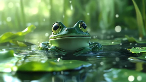 Frog resting in luminous pond with soft bokeh light.