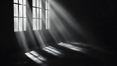 Raking light penetrates tall grid windows into a dark interior