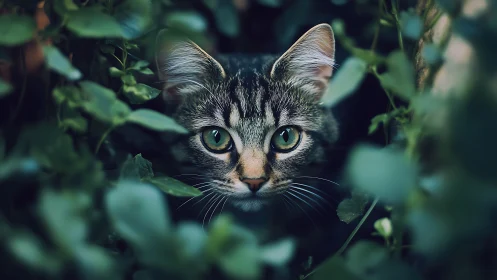 Tabby Cat Displaying Forward-Facing Frontal Composition with Verdant Foliage Depth of Field