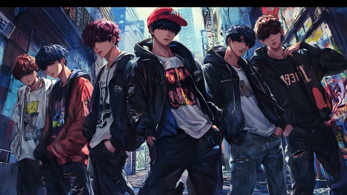 Streetwear anime boy group in urban graffiti alley scene.