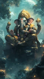 Elephant-headed deity statue amid forested rocky landscape.