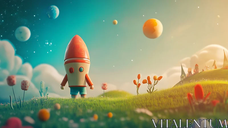 Playful rocket explorer wanders a dreamy alien meadow.
