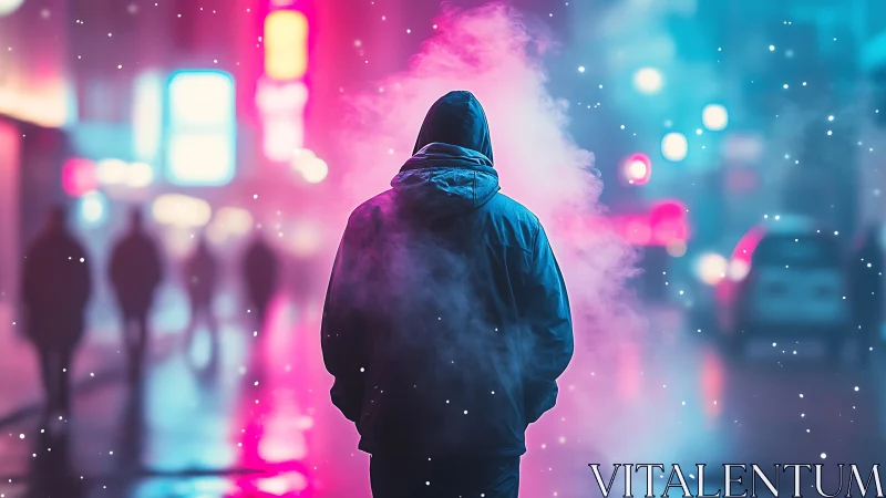 Hooded figure in neon fog on rainy cyberpunk city street.