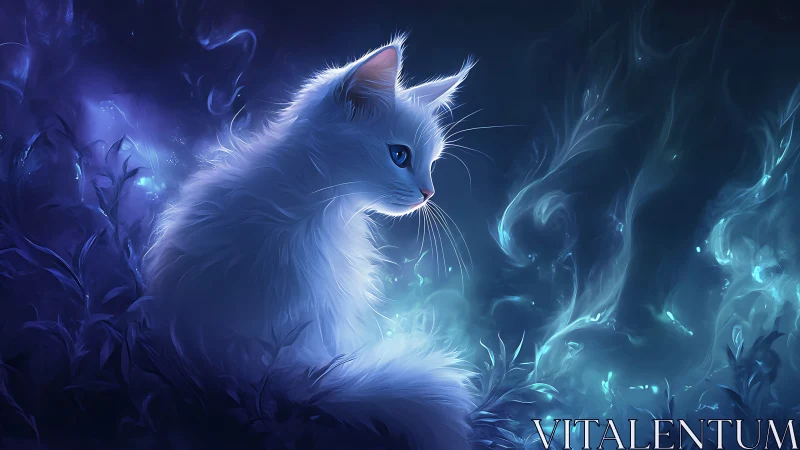 White Cat in Magical Neon Light Environment.