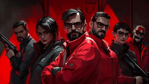 Paramilitary strike team in red tactical jackets, stylized group