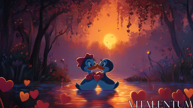 Cartographic Avian Pair: Luminescent Sunset Aquatic Encounter.