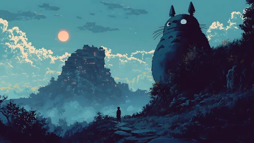 Giant forest spirit watches over a misty mountain city at dusk