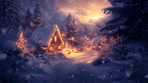 Snowy alpine village glows under warm festive lights.
