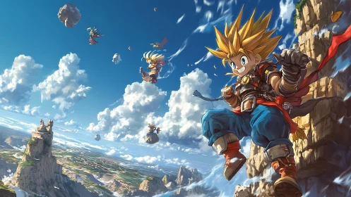 Skybound hero vaults between floating cliffs and wild clouds.