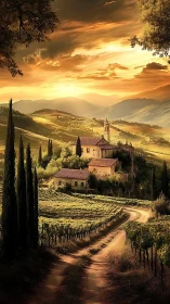 Sunlit Tuscan hills cradle a winding vineyard sanctuary