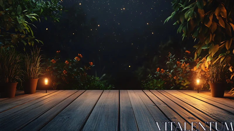 Wooden terrace with potted plants under night sky.