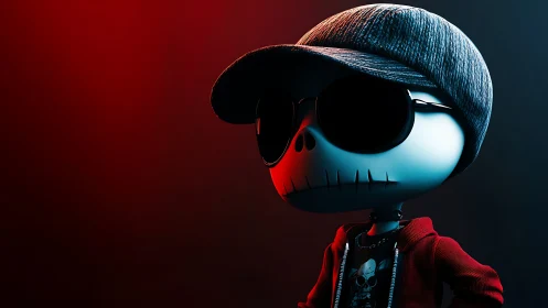 Stylized skull character wearing cap and sunglasses stands confidently