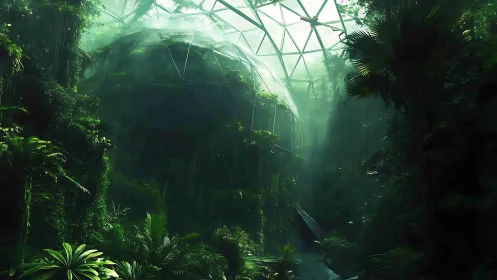 Overgrown geodesic biodome within dense jungle canopy.