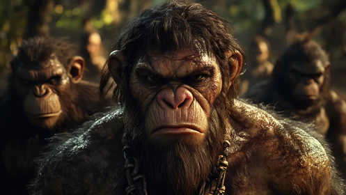 Defiant ape leader stares ahead with tense, hostile focus.