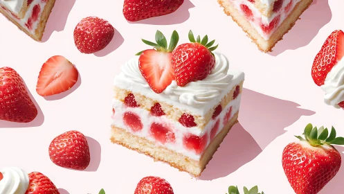 Strawberry shortcake squares with whipped cream topping.