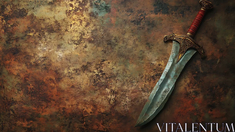 Weathered warblade resting on a burnished legend wall.