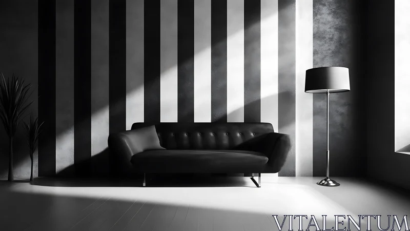 Soft light settles on a modern black sofa in striped calm
