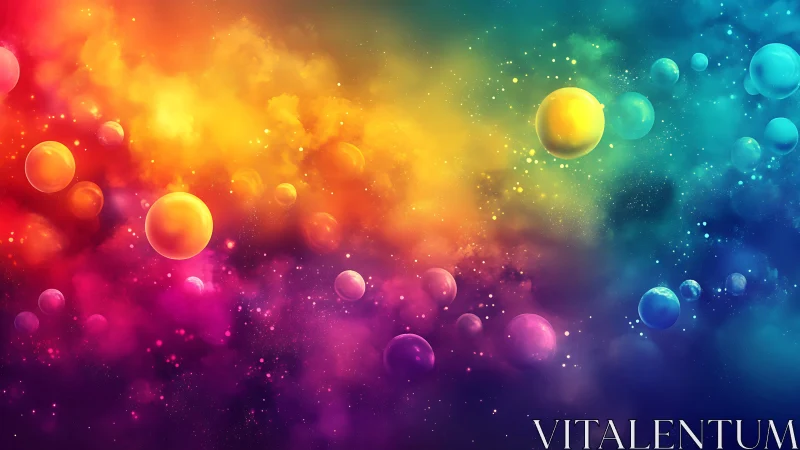 Spherical forms drift through dense multicolor cosmic nebula