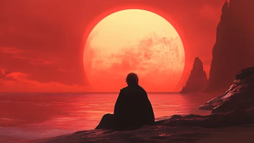 Solitary dreamer before a colossal molten seaside sun.