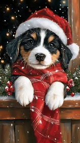 Christmas puppy peers from red stocking by snowy window