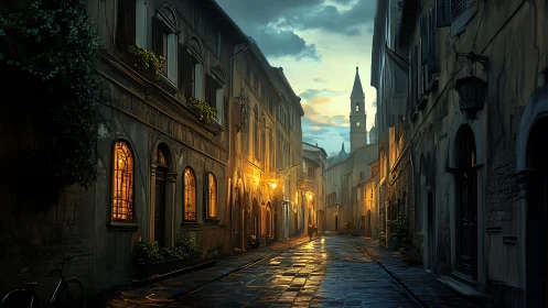 Lamplit cobblestone alley glows under a brooding twilight sky.