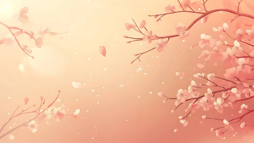 Soft spring blossoms drifting across a glowing peach sky.