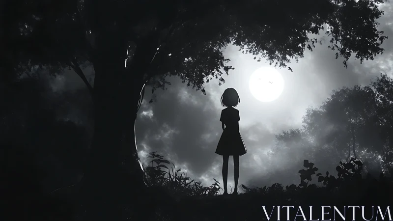 Moonlit loner girl beneath whispering forest canopy.