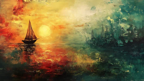 Solitary sailboat crosses a vivid abstract sunset seascape.