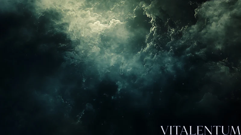 Storm-lit cosmic clouds swirl through a darkened void.