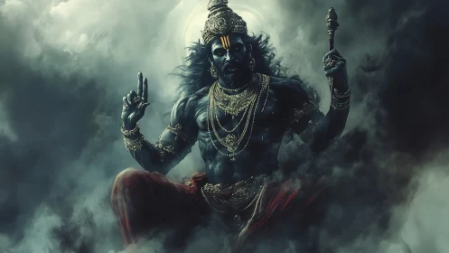 Dark-skinned mythic deity seated in swirling storm cloud.