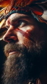 Warrior’s feathered headdress glows in intense side light