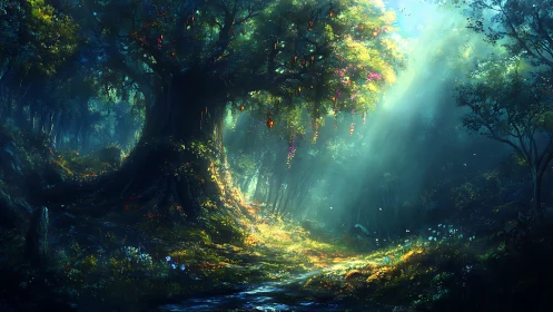 Enchanted Forest Glen with Luminous Sunbeams Through Ancient Trees