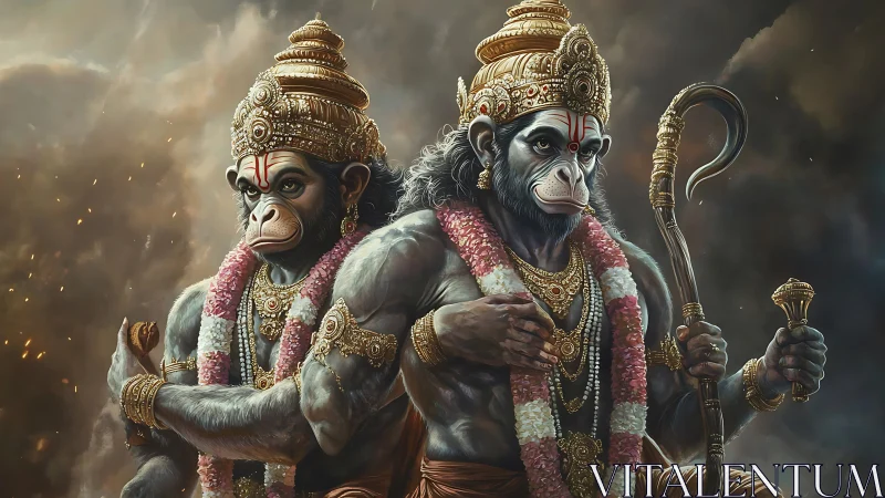 Twin Hanuman-inspired warrior deities in detailed regalia.
