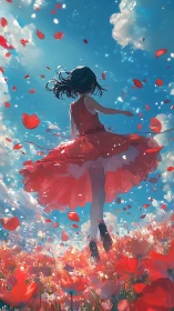 Skybright whirl of a red dress over dreaming poppies.