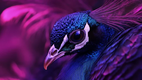 Peacock close-up in saturated purple and blue lighting.