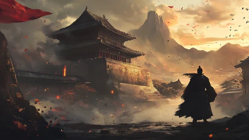 Lone armored warrior approaches misty ancient fortress at dawn.