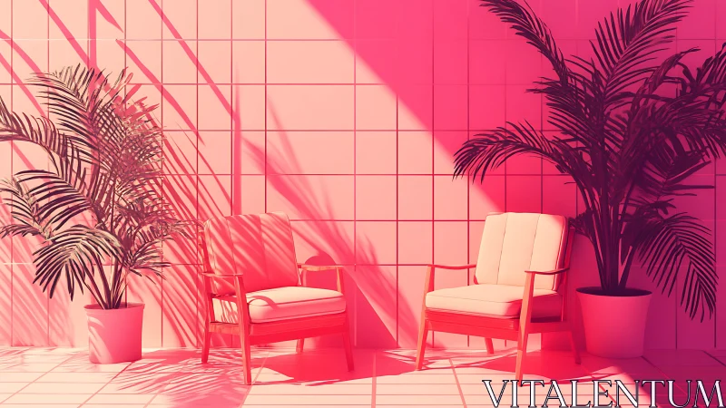 Pink tropical lounge with midcentury chairs and shadows.