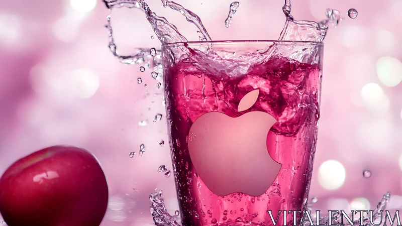 High-speed splash capture of pink apple liquid in branded glass