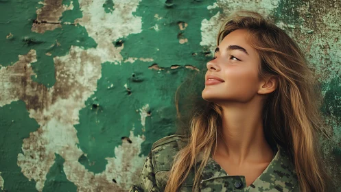 Smiling young woman in camouflage jacket, urban textured wall portrait.