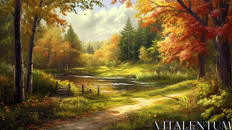 Golden autumn forest pond glows under gentle afternoon light