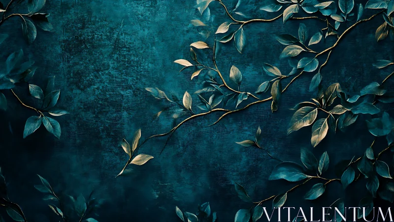 Golden vines climb across deep teal textured wall art