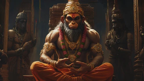 Seated monkey deity in ornate temple interior holds meditation