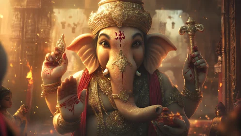 Highly detailed Ganesha idol with ornate gold adornments and warm volumetric light