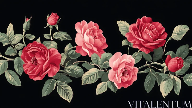 Botanical Rose Collection on Black Background Study