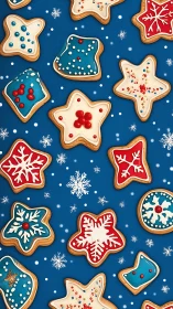 Iced holiday cookies arranged in seamless top-down festive pattern
