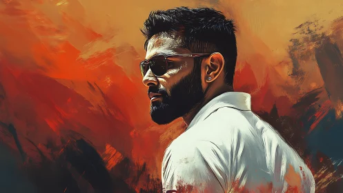 Bearded man in sunglasses turns against vivid abstract background