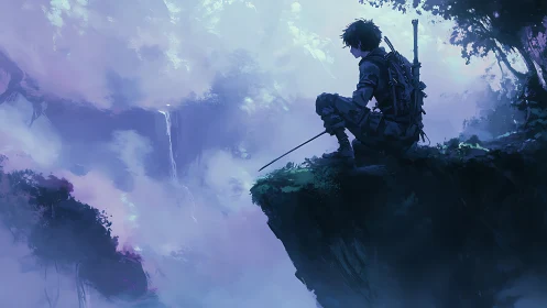 Solitary swordsman overlooking misty purple canyon.