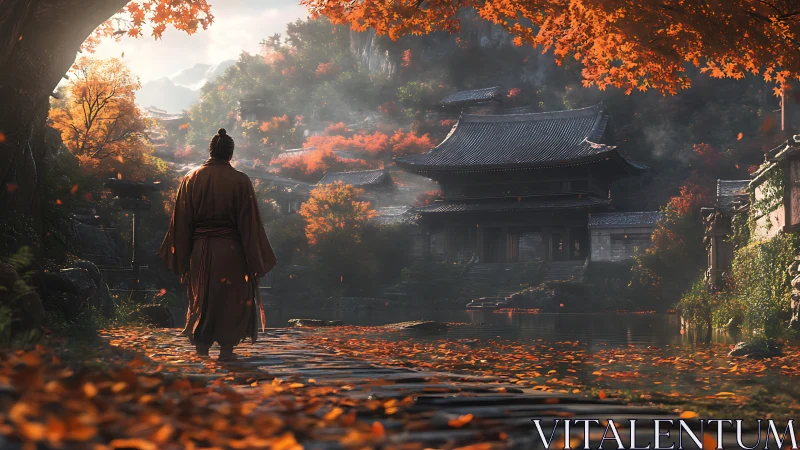 Autumn temple path where a lone traveler drifts toward calm.