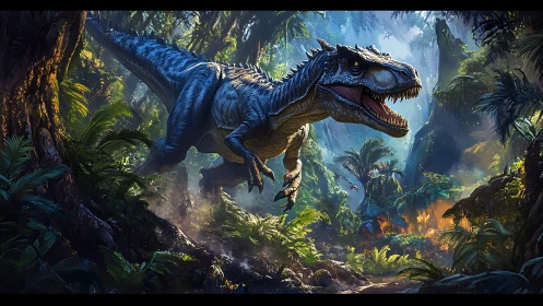 Theropod predator sprinting through hyper-detailed Jurassic jungle.