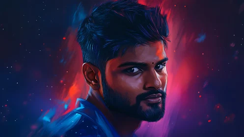 Digital male portrait with neon blue and red lighting backdrop.